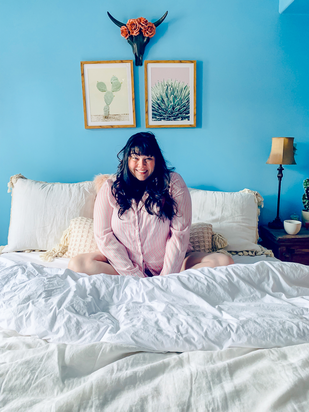 Plus Size Model Amber from Style Plus Curves in pajamas on Big Fig Mattress