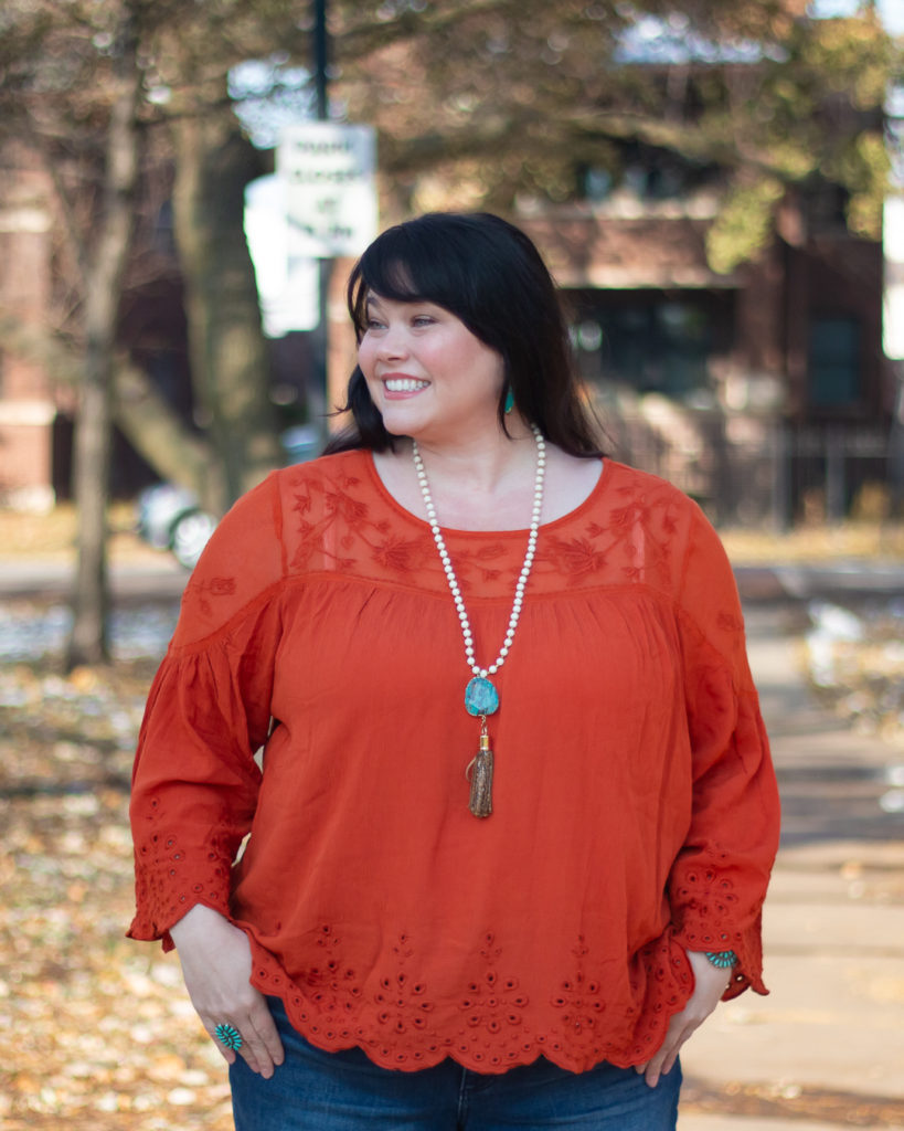 plus size fall outfits, orange top from Haute Hippie at QVC