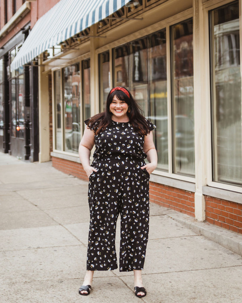 Spring Jumpsuit with daisy print from loft on plus size model Amber from Style Plus Curves.
