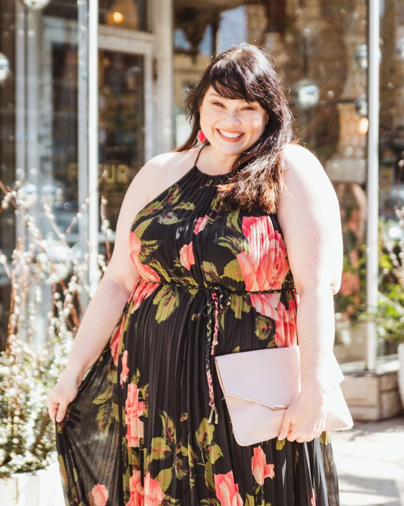 Plus Size Blogger Amber in a plus size halter neck pleated dress from Anthropologie