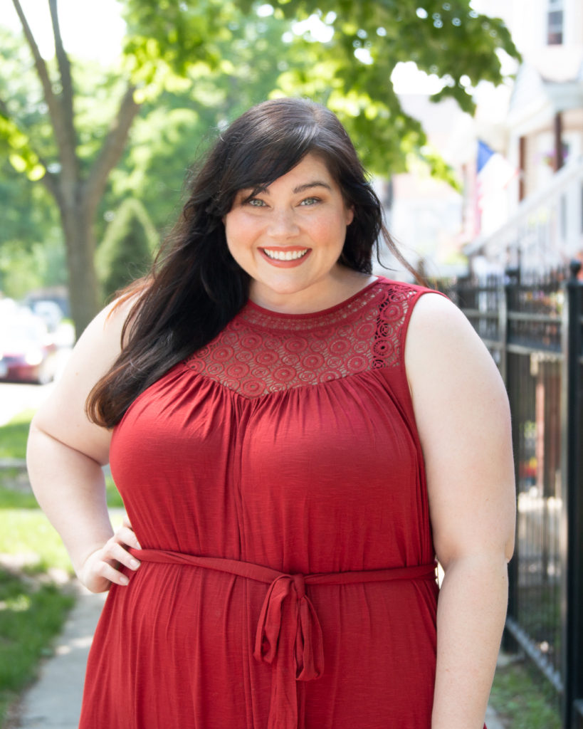 plus size model Amber in a red knit dress from Lane Bryant