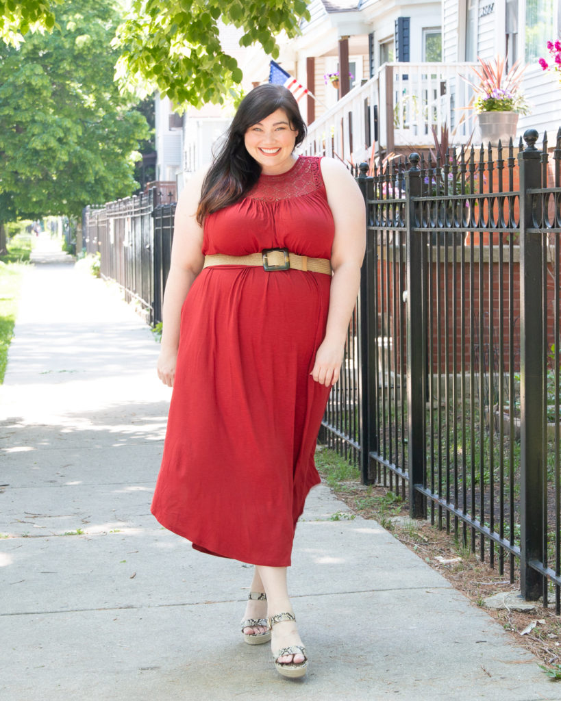 top plus size blogger in red knit dress