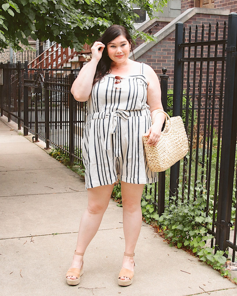 plus size blogger in striped tie waist  romper modeling casual plus size summer outfits from Lane Bryant