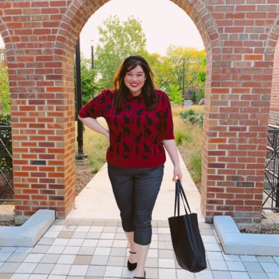 plus size cat sweater and pinstripe capri pants from Modcloth