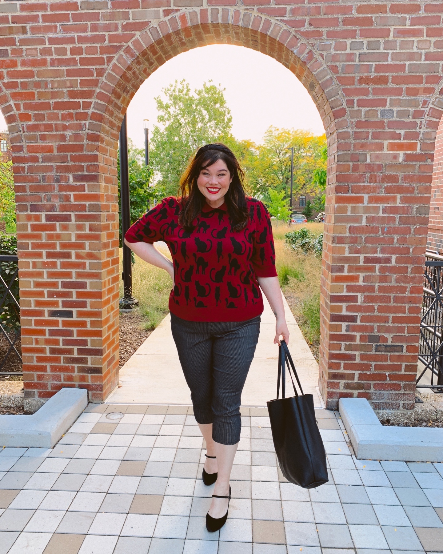 Plus Size Cat Sweater and Pinstripe Capri Pants from Modcloth