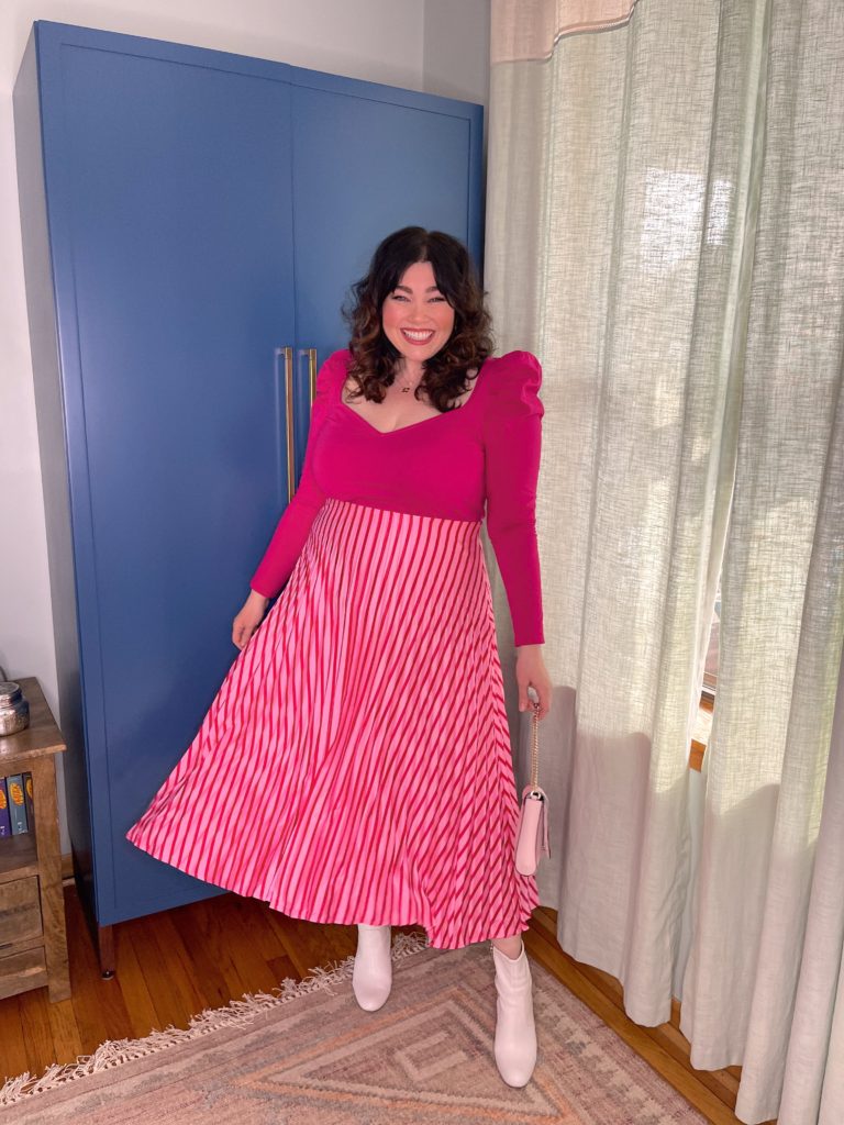 Pink top with pink and red plus size skirt
