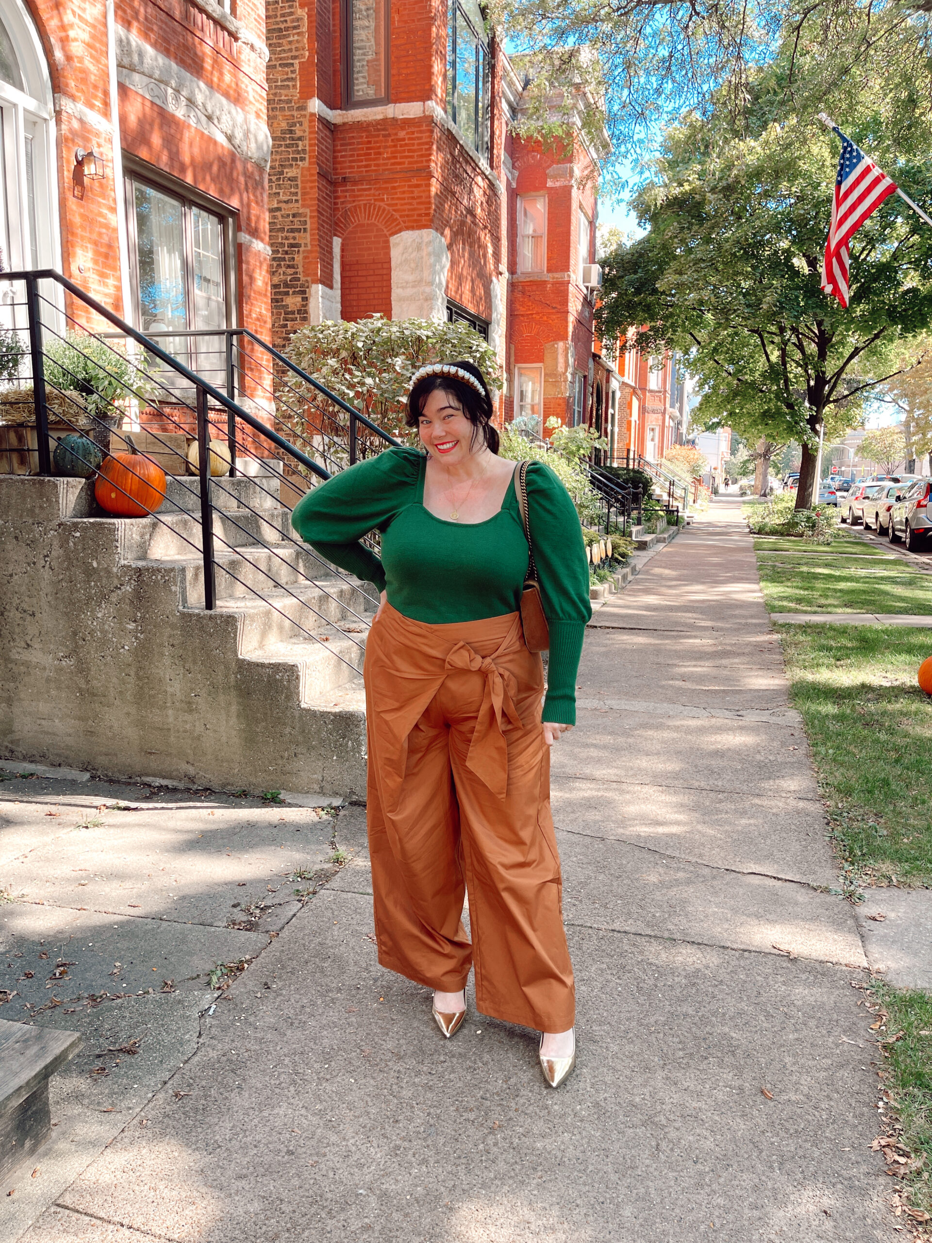 plus size green puff sleeve top; plus size brown wide leg pants 
