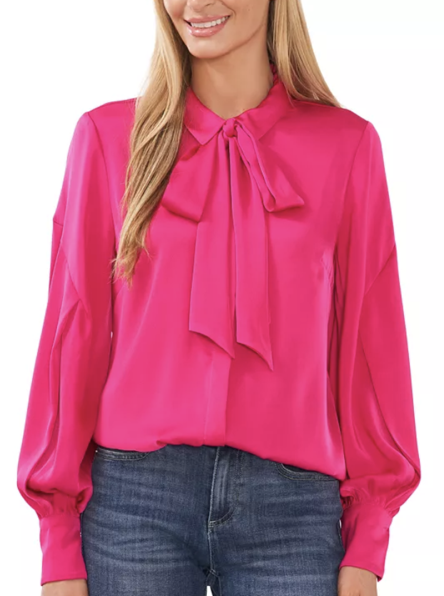 Straight Size Pink Chiffon Bow Blouse