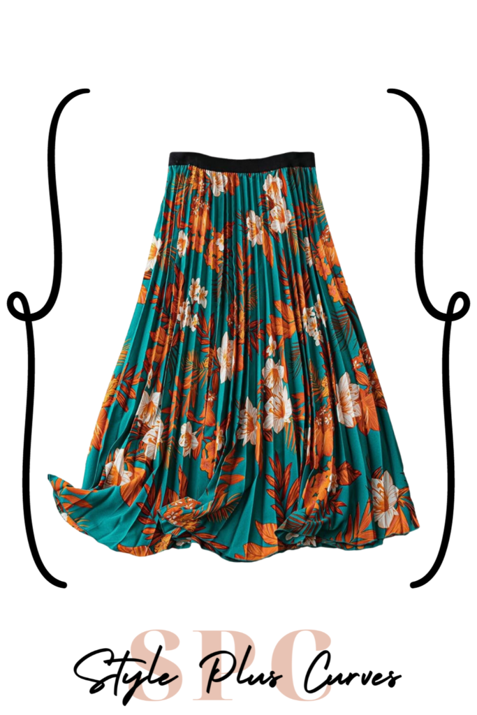 Plus Size Orange and Teal Pleated Midi Skirt