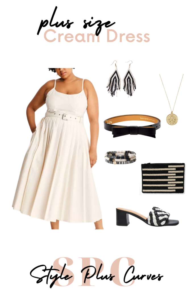 plus size cream pleated midi dress outfit
