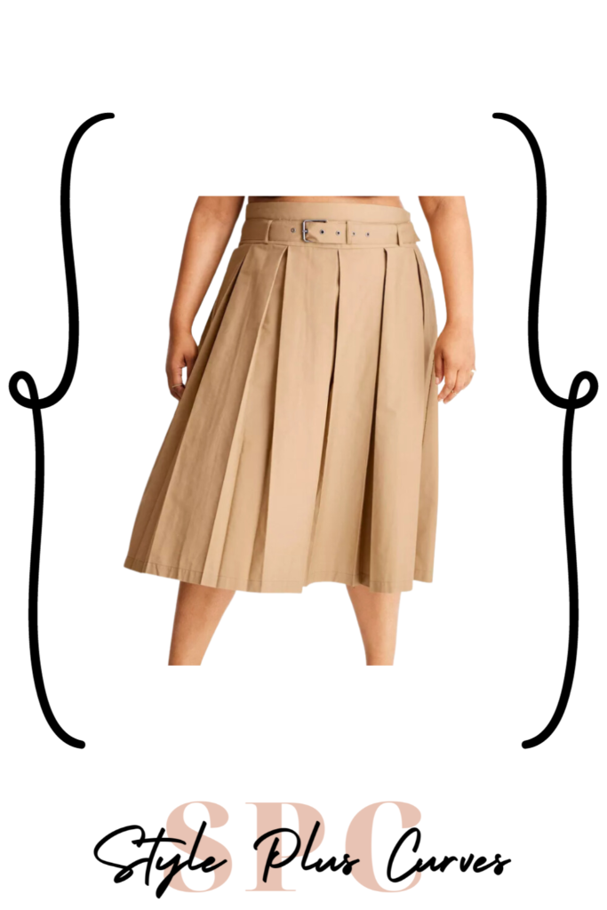 Plus Size Tan Pleated Midi Skirt