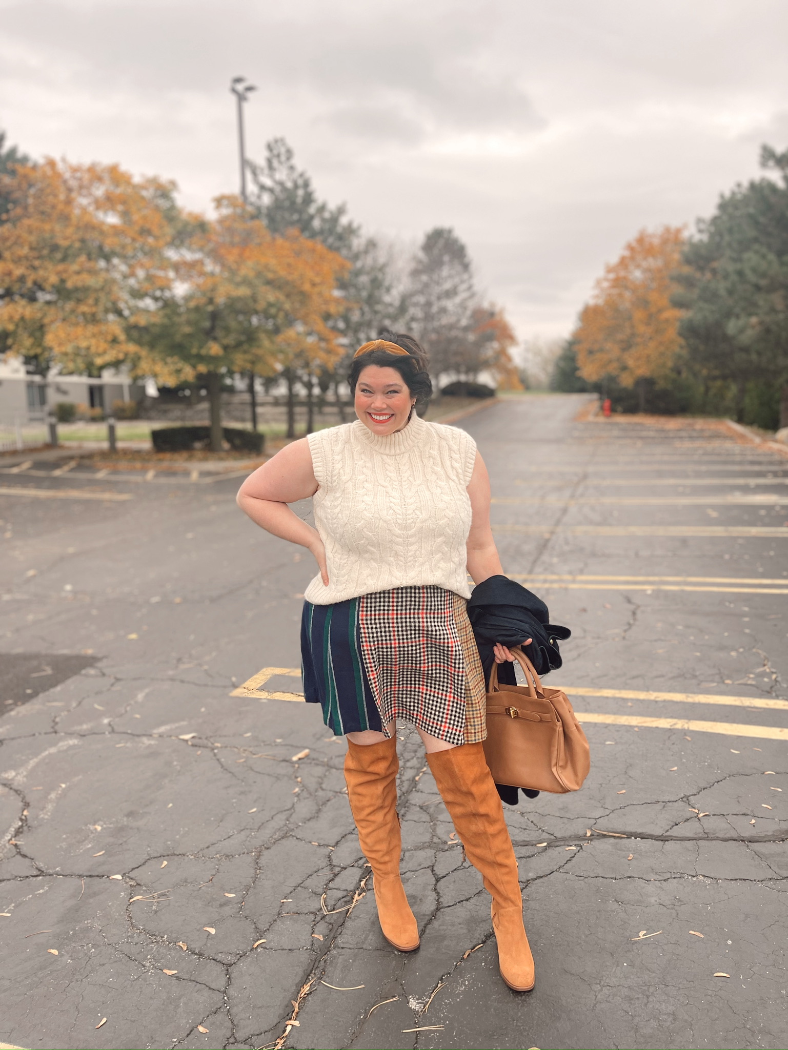 Plus Size Plaid Pleated Skirt Fall Outfit