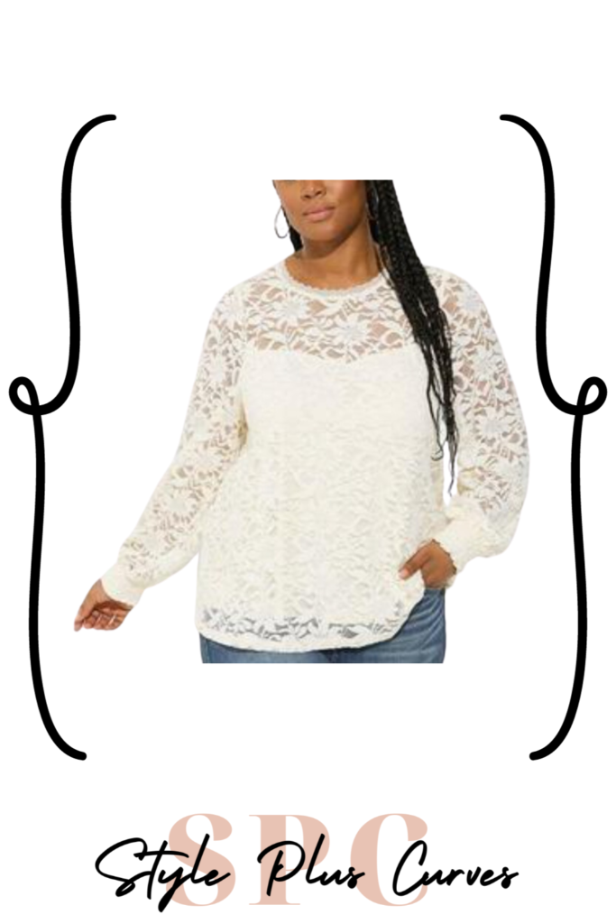 Plus Size Lace And Mesh Long Sleeve Top