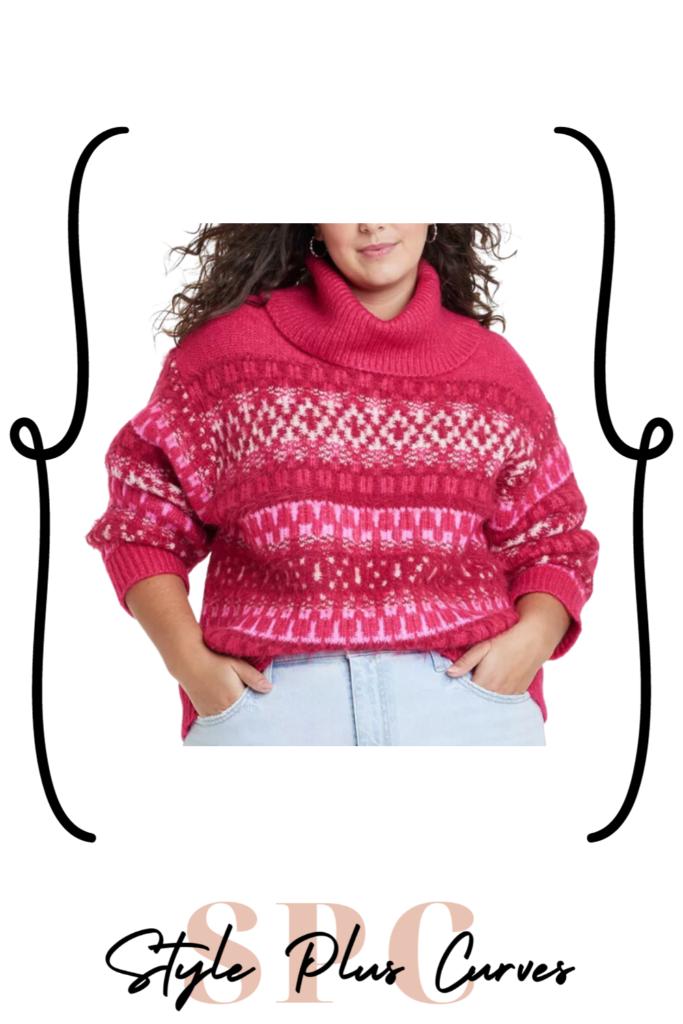 Plus Size Pink Patterned Turtleneck Sweater