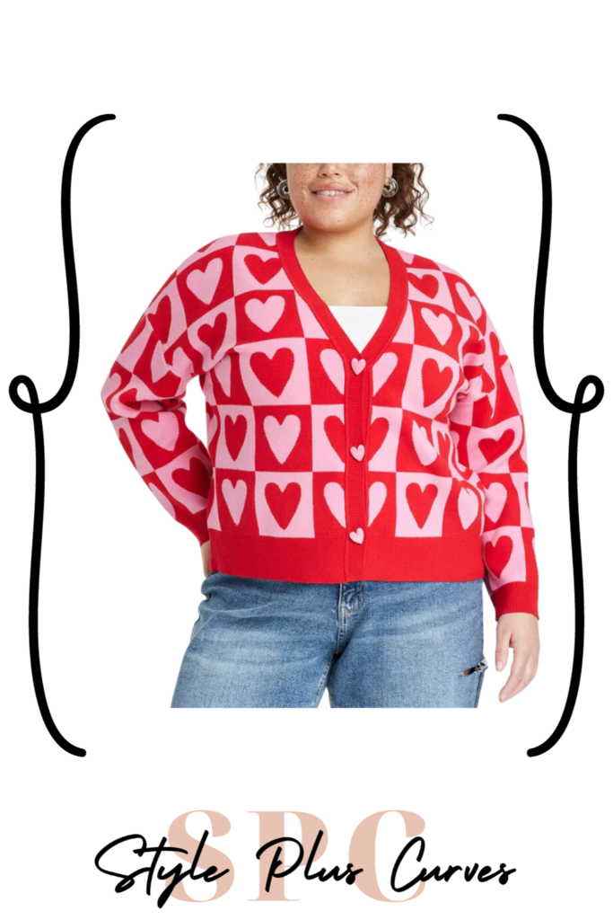Plus Size Red and Pink Heart Patterned Cardigan