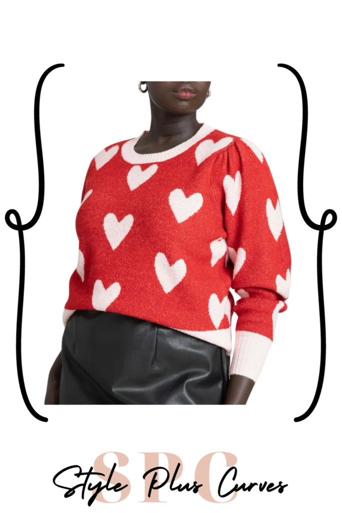 Plus Size Red and White Heart Patterned Sweater