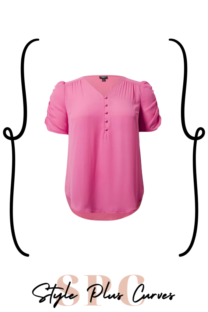 Plus Size Pink V-Neck Ruched Sleeve Blouse
