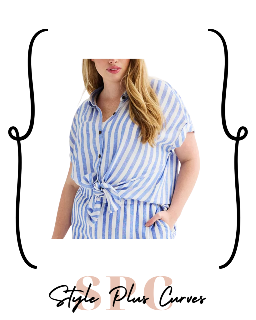 Plus Size Blue Striped Linen Top